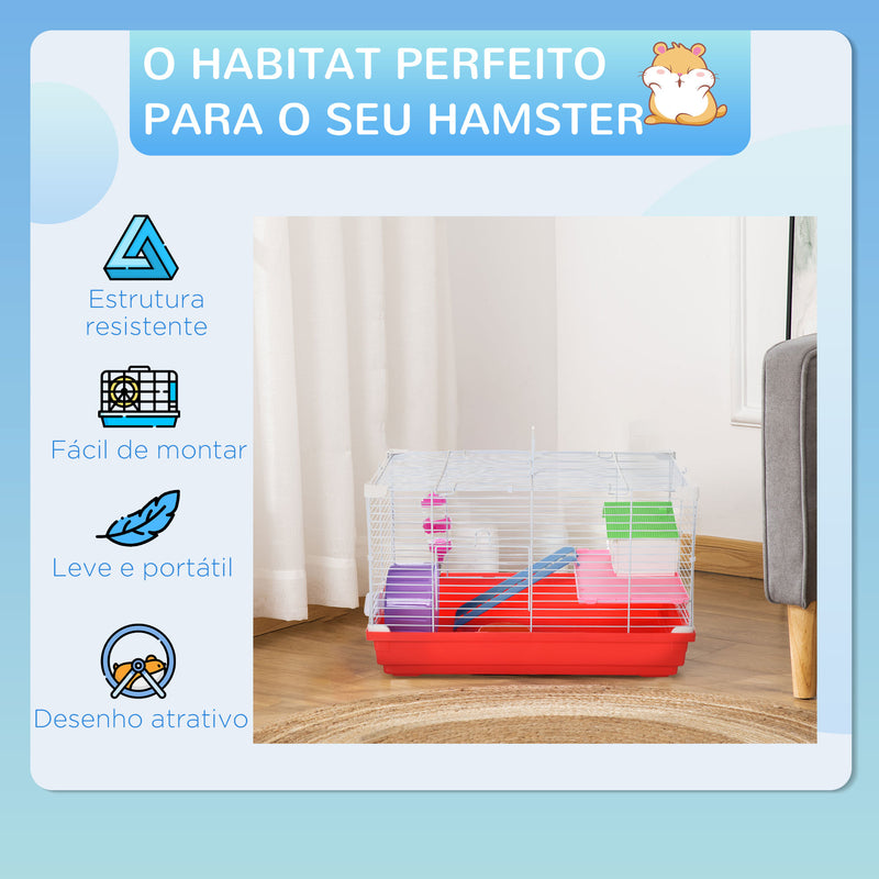 Gaiola para Hamster Casa para Hamster 47x30x27cm com 1 Andar Comedouro Bebedouro Rampa Roda de Exercício para Pequenos Animais Branco e Vermelho