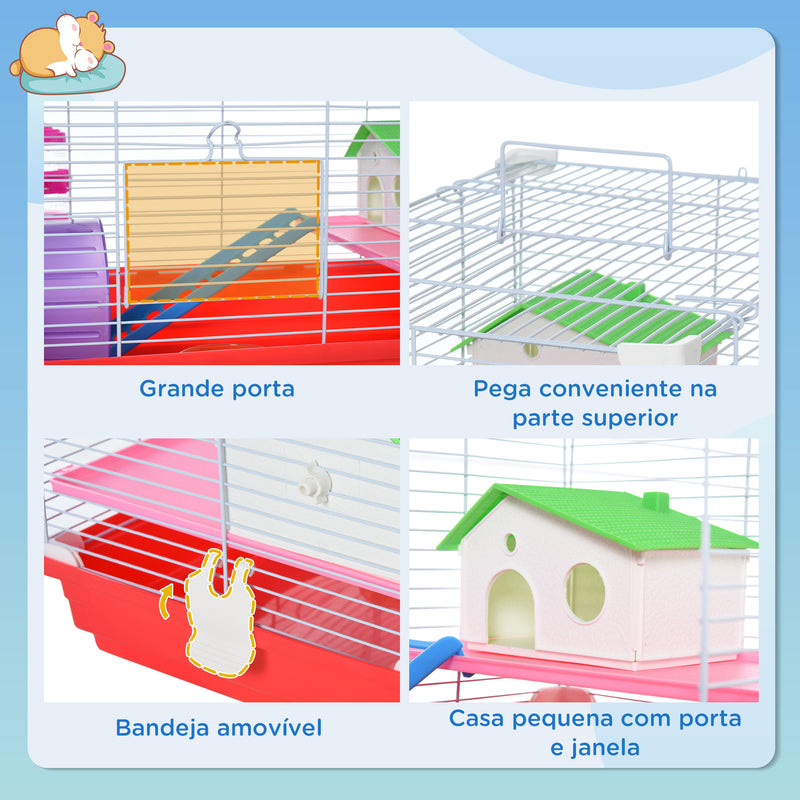 Gaiola para Hamster Casa para Hamster 47x30x27cm com 1 Andar Comedouro Bebedouro Rampa Roda de Exercício para Pequenos Animais Branco e Vermelho