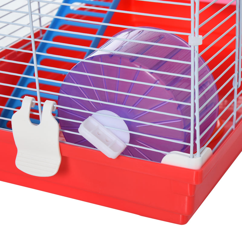 Gaiola para Hamster Casa para Hamster 47x30x27cm com 1 Andar Comedouro Bebedouro Rampa Roda de Exercício para Pequenos Animais Branco e Vermelho