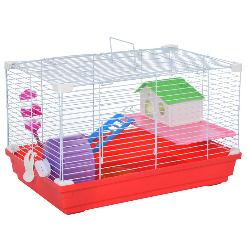 Gaiola para Hamster Casa para Hamster 47x30x27cm com 1 Andar Comedouro Bebedouro Rampa Roda de Exercício para Pequenos Animais Branco e Vermelho